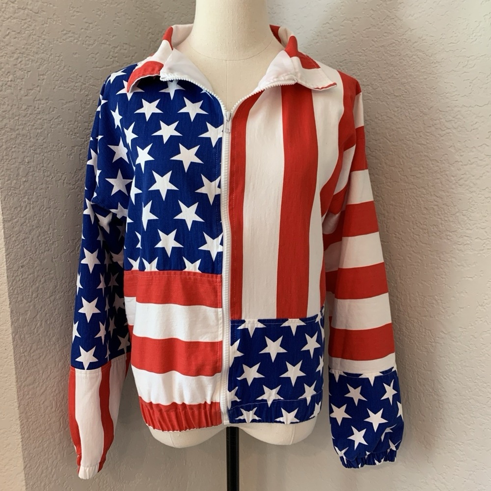 Vintage Carabella American USA Flag Red White Blue Bomber Zip Up Jacket Small